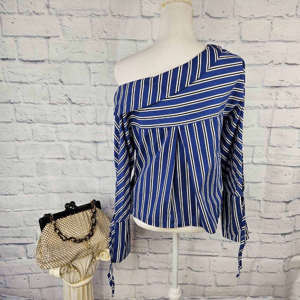 Topshop Sz 4 US Blue Black Striped One Shoulder Tie Sleeve Top Blouse FLAW READ - Picture 6 of 13